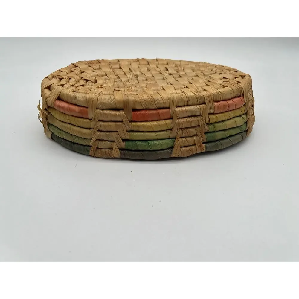 Vintage Boho Coiled Basket Tray Rustic Decor Handwoven Oval Raffia Bowl - 9.5